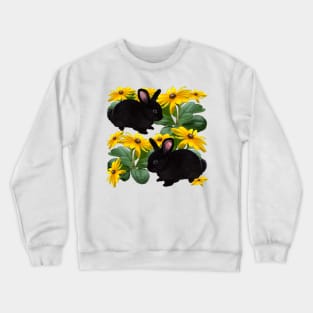 bunny rabbits in yellow  daisies - cute  ebony  dwarf lop bunny rabbits Crewneck Sweatshirt